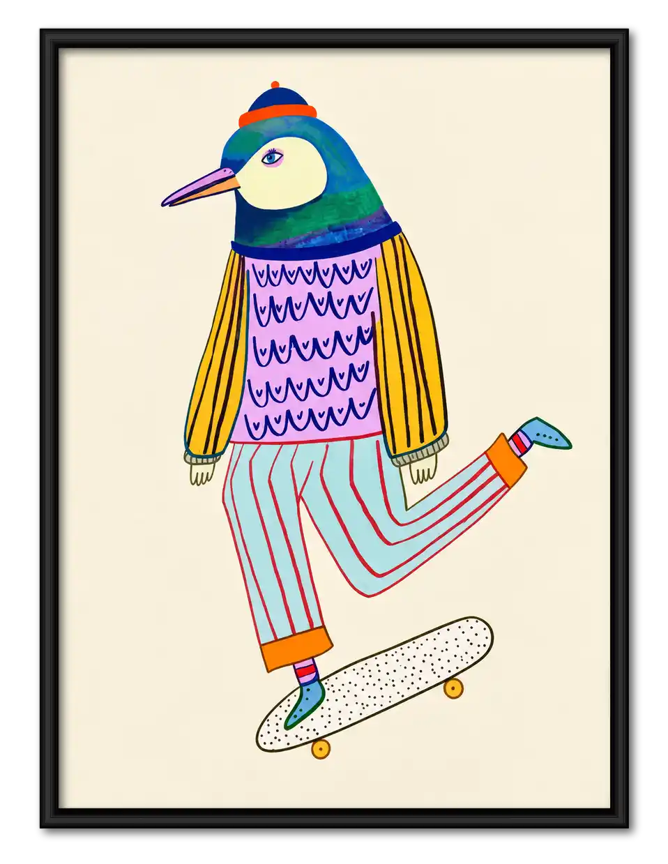 Skateboarding Bird In Beanie Wall Art 1