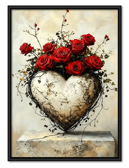 Stone Heart With Red Roses Wall Art