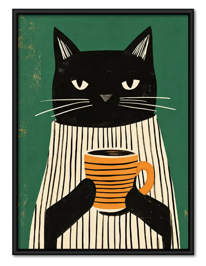 Striped Shirt Coffee Cat Wall Art 1