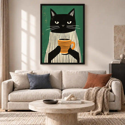 Striped Shirt Coffee Cat Wall Art 2