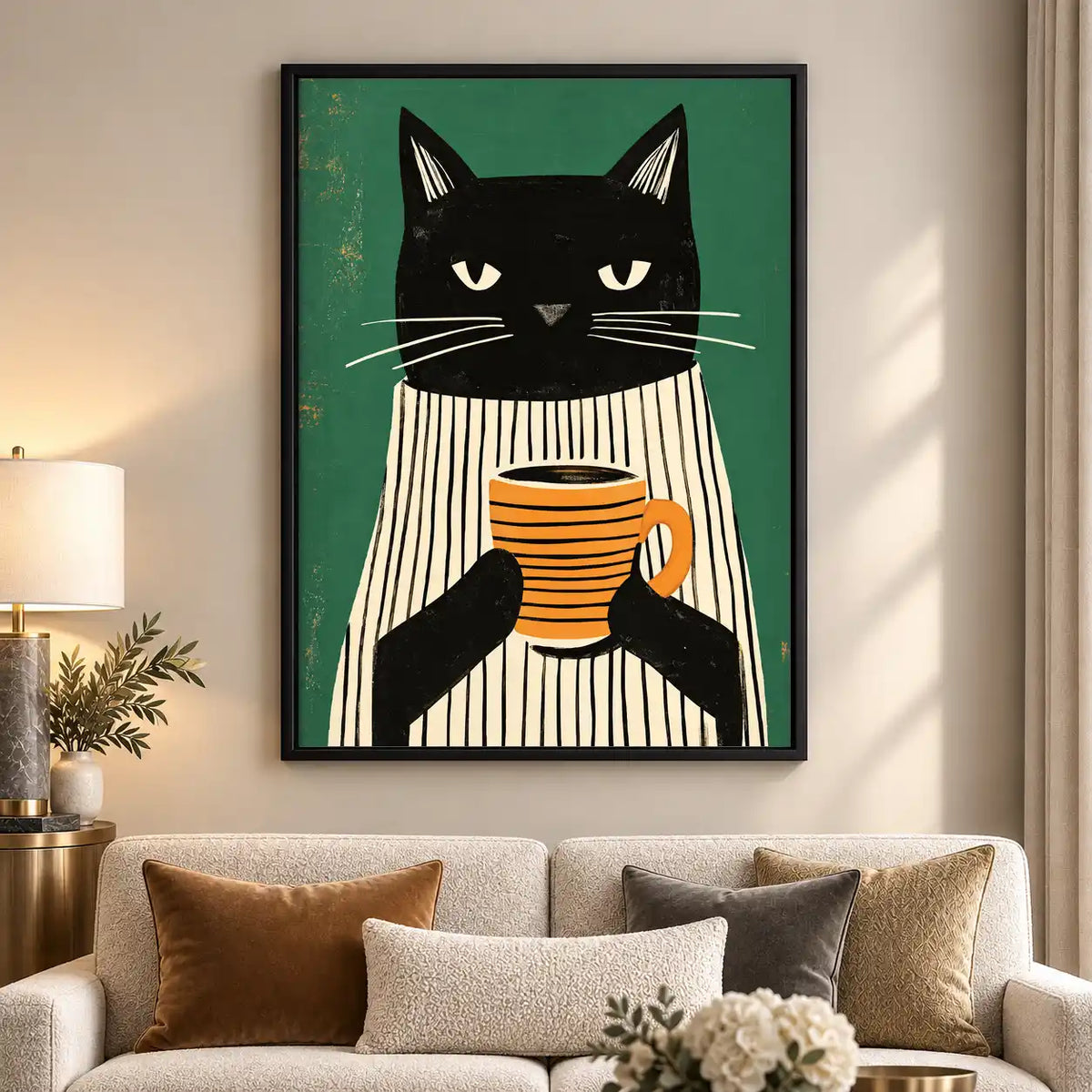 Striped Shirt Coffee Cat Wall Art 5