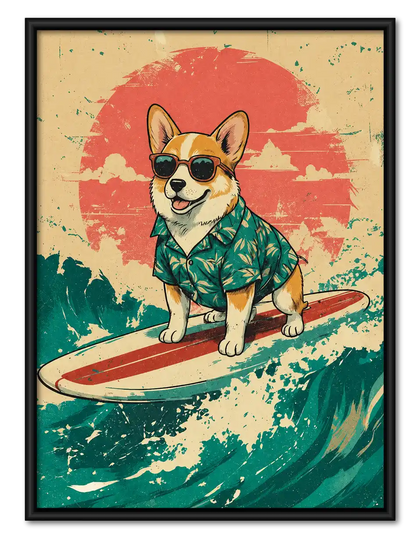 Surfing Corgi Retro Wave Wall Art