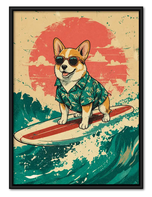 Surfing Corgi Retro Wave Wall Art