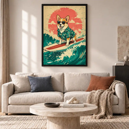 Surfing Corgi Retro Wave Wall Art 2