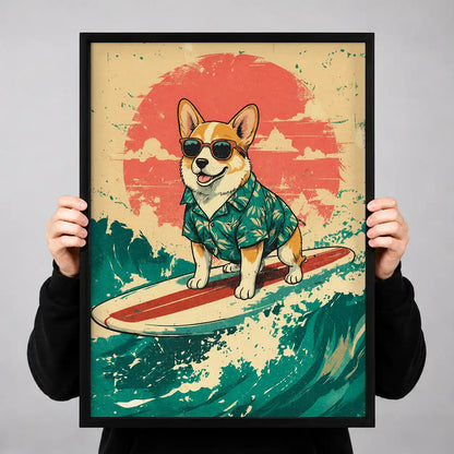 Surfing Corgi Retro Wave Wall Art 3