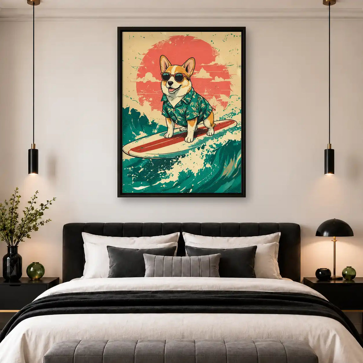 Surfing Corgi Retro Wave Wall Art 4