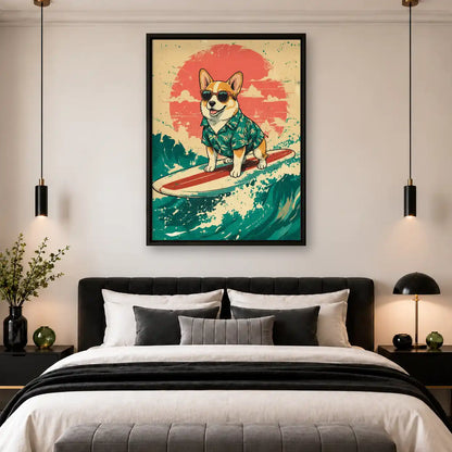 Surfing Corgi Retro Wave Wall Art 4