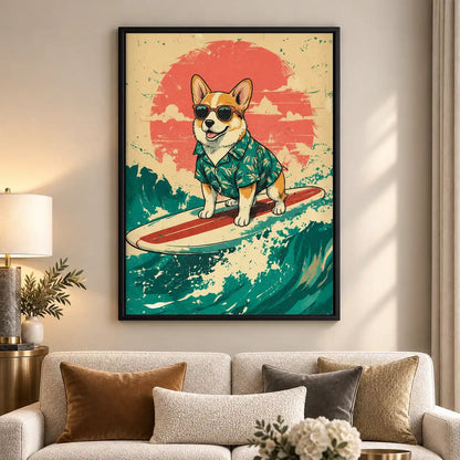 Surfing Corgi Retro Wave Wall Art 5