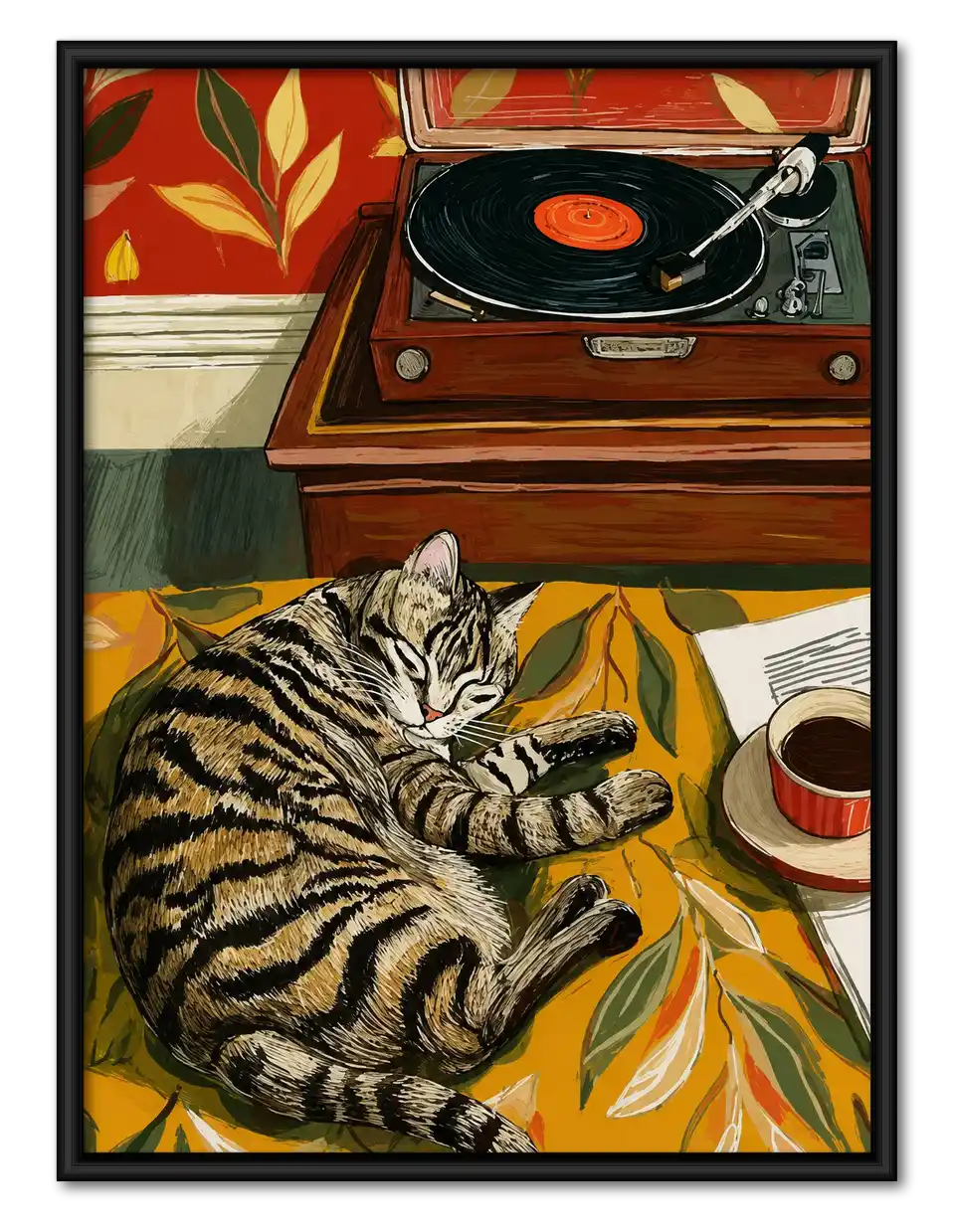 Tabby Cat With Record Player Wall Art 1