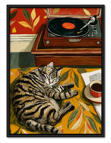 Tabby Cat With Record Player Wall Art
