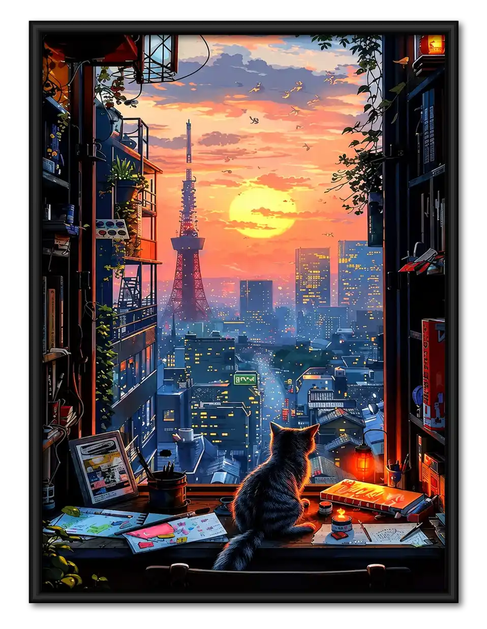 Tokyo Sunset Window Cat Wall Art 1