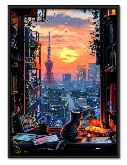 Tokyo Sunset Window Cat Wall Art