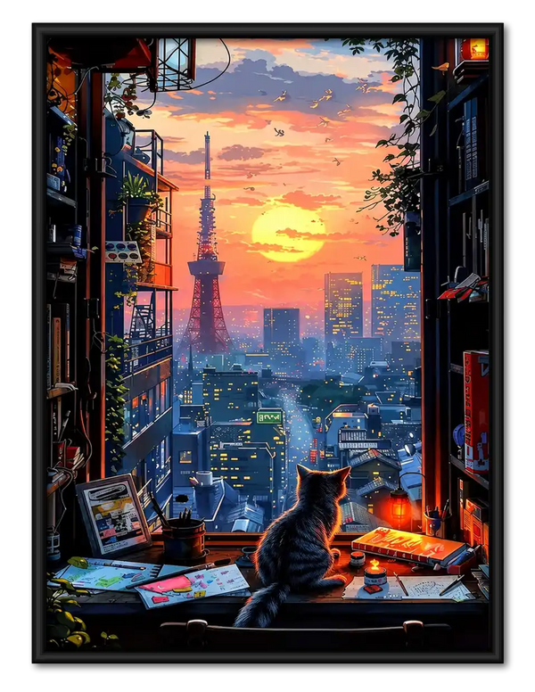 Tokyo Sunset Window Cat Wall Art