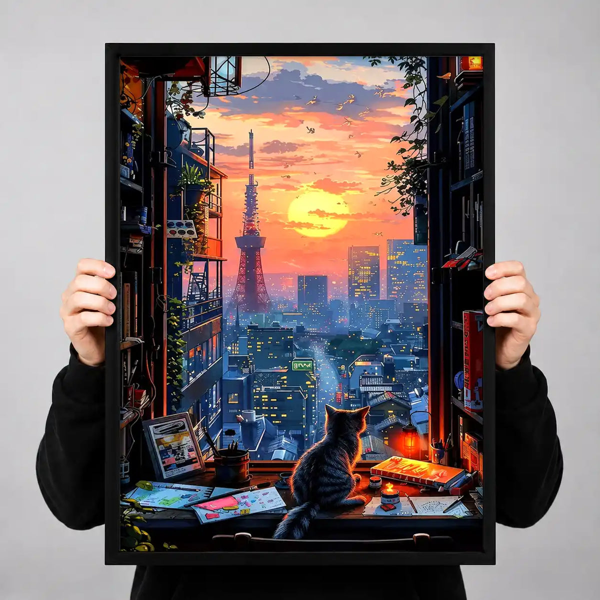 Tokyo Sunset Window Cat Wall Art 3