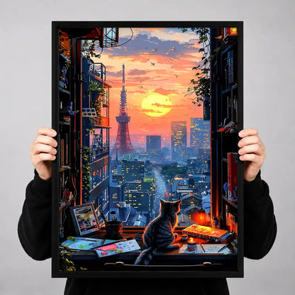 Tokyo Sunset Window Cat Wall Art 3