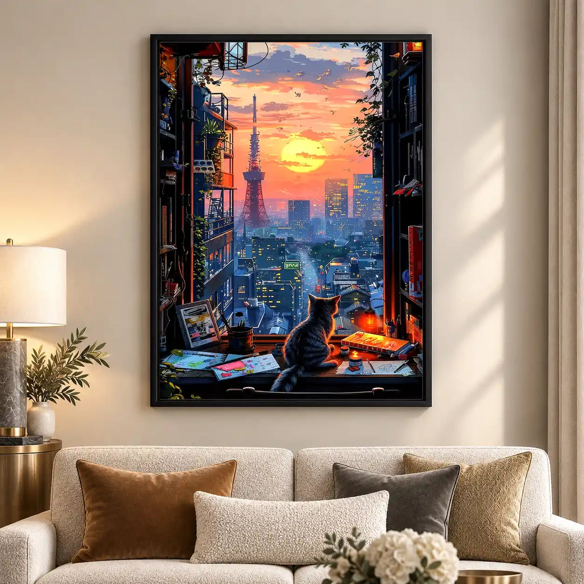 Tokyo Sunset Window Cat Wall Art 5
