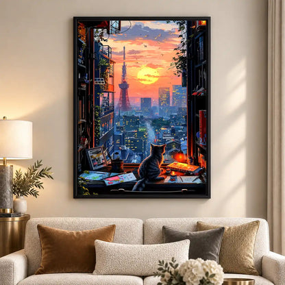 Tokyo Sunset Window Cat Wall Art 5