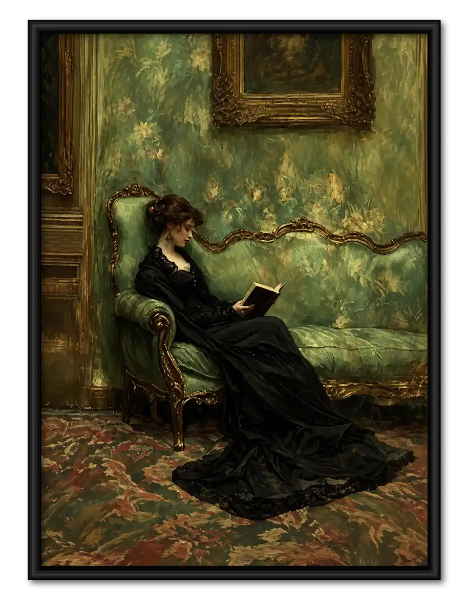Victorian Woman Reading On Green Sofa Wall Art 1