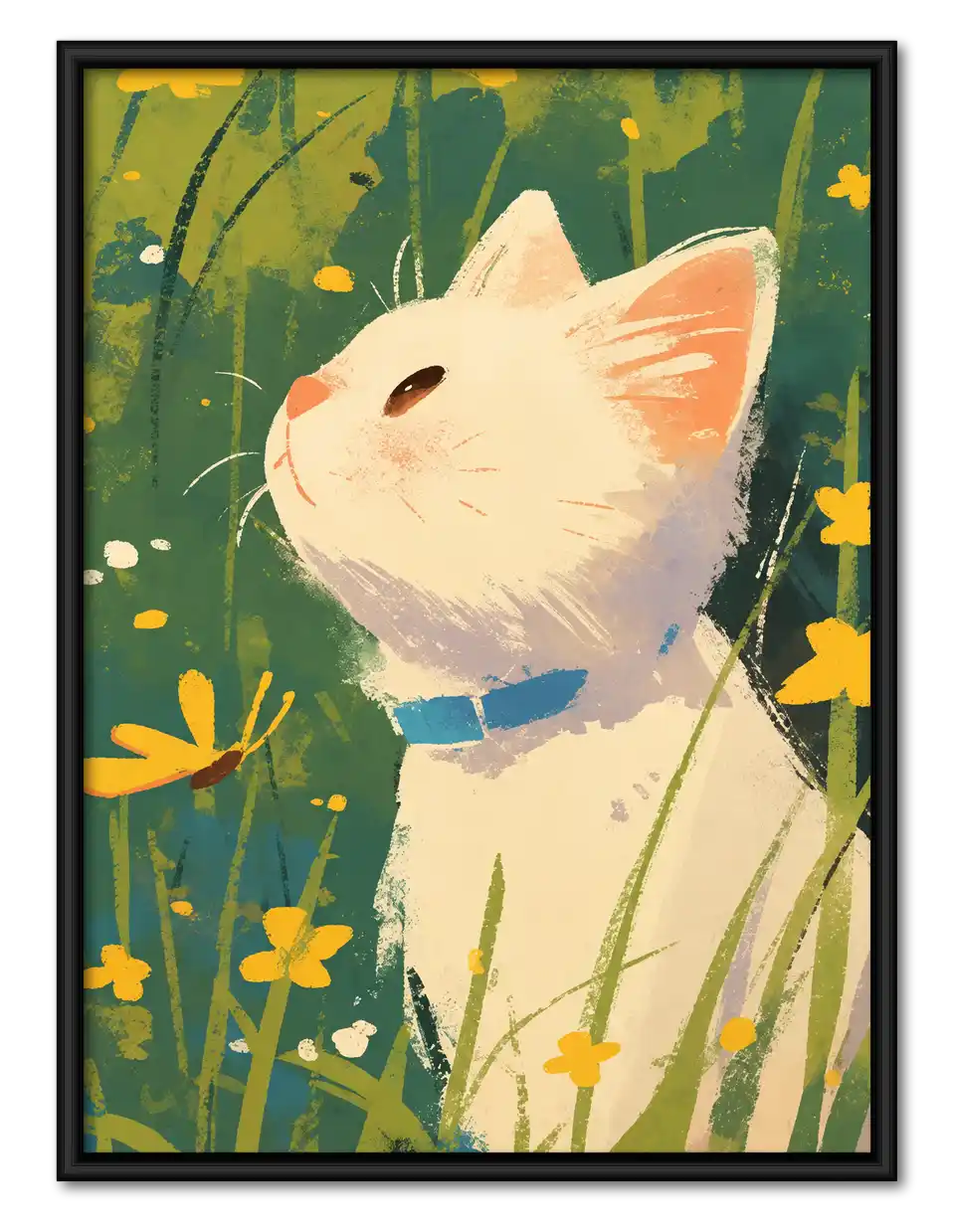White Cat Looking Through Wildflowers Wall Art 1