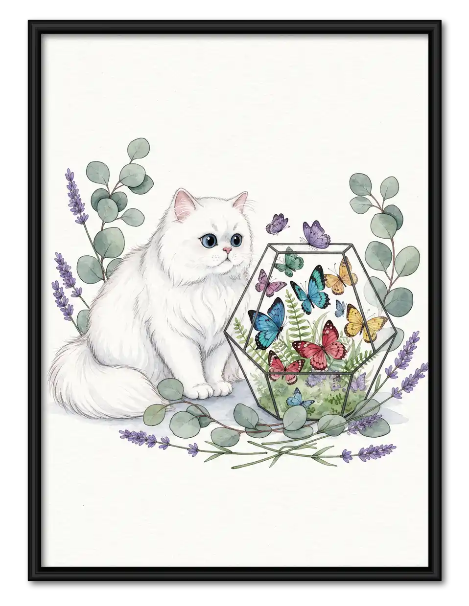 White Cat With Butterfly Terrarium Wall Art 1