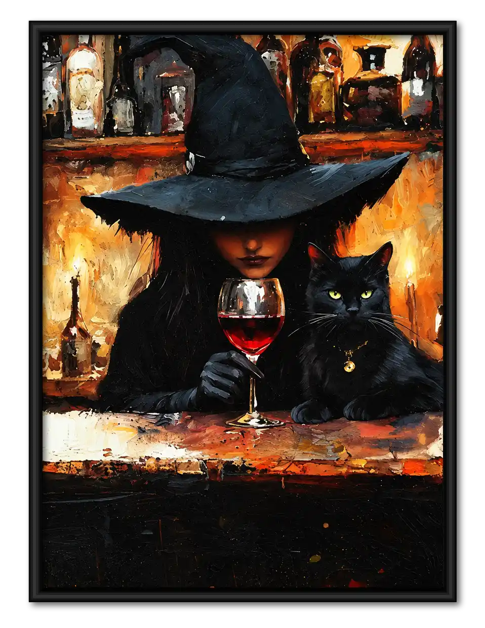 Witch And Black Cat At Wine Bar Wall Art 1