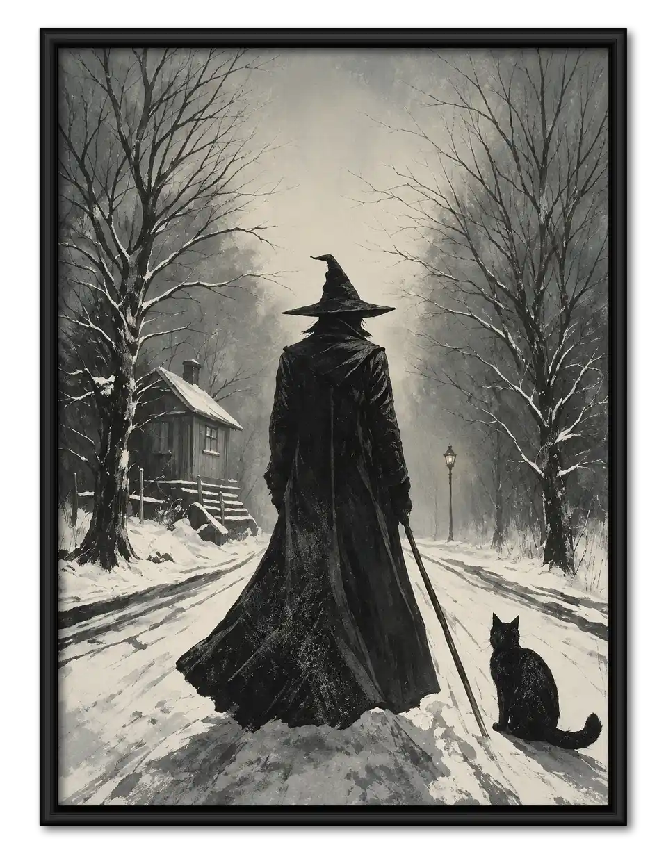 Witch And Black Cat In Snow Wall Art 1