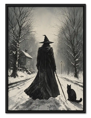 Witch And Black Cat In Snow Wall Art