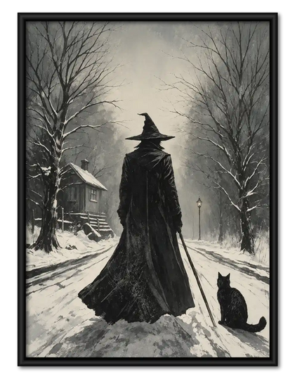 Witch And Black Cat In Snow Wall Art