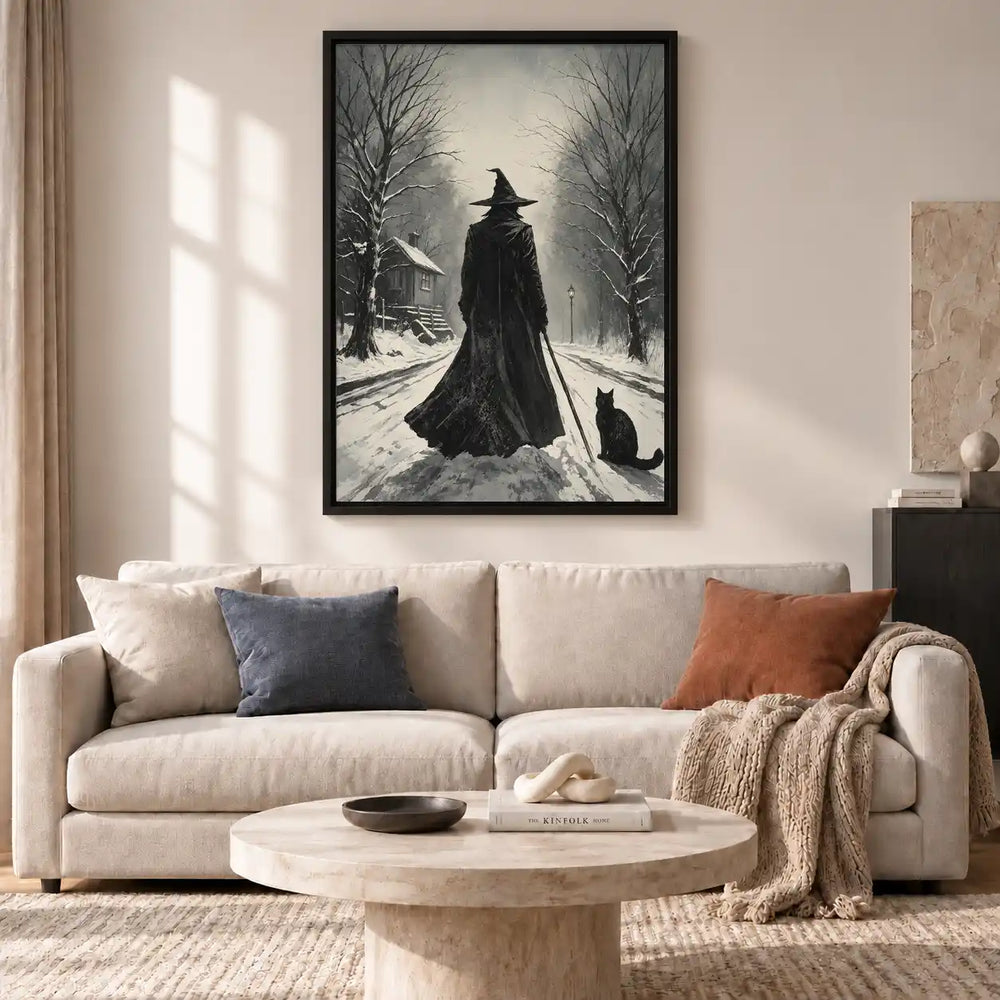 Witch And Black Cat In Snow Wall Art 2