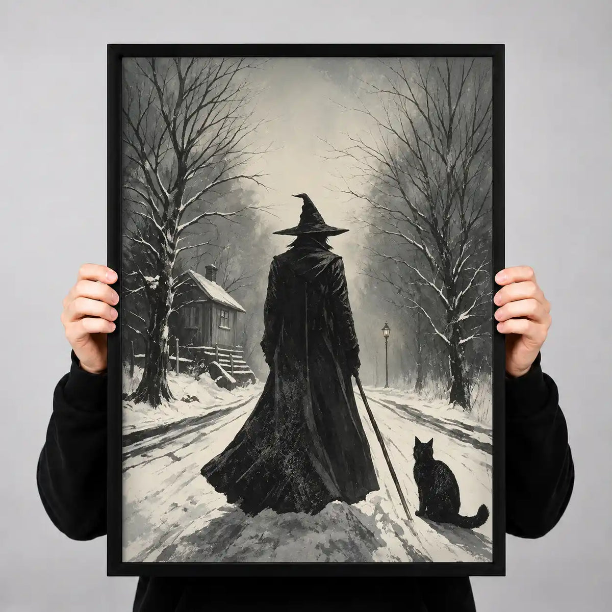 Witch And Black Cat In Snow Wall Art 3