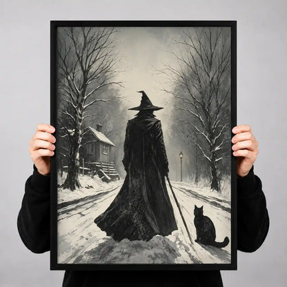 Witch And Black Cat In Snow Wall Art 3