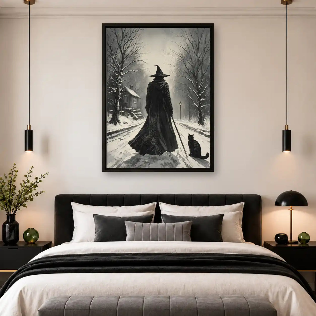 Witch And Black Cat In Snow Wall Art 4