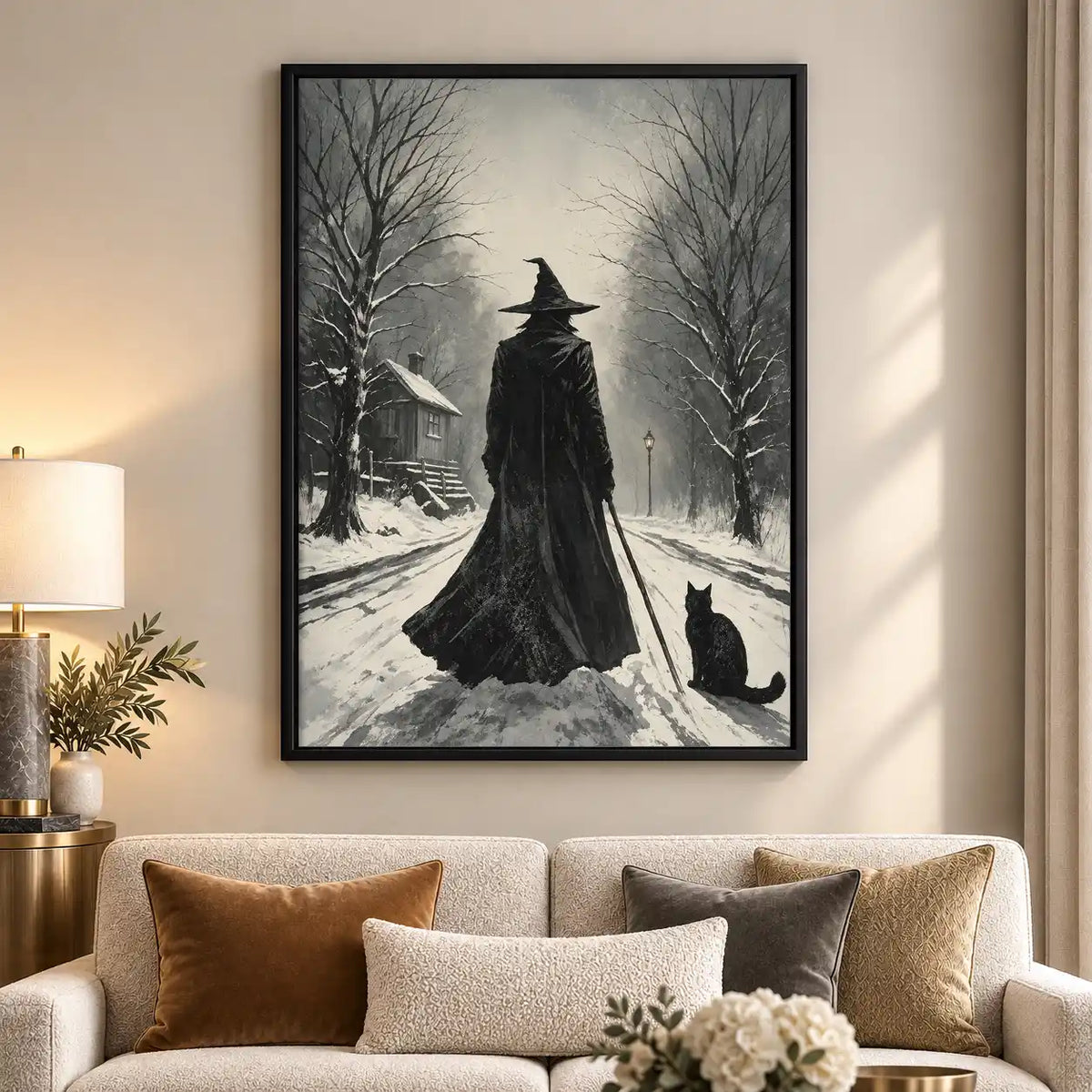 Witch And Black Cat In Snow Wall Art 5