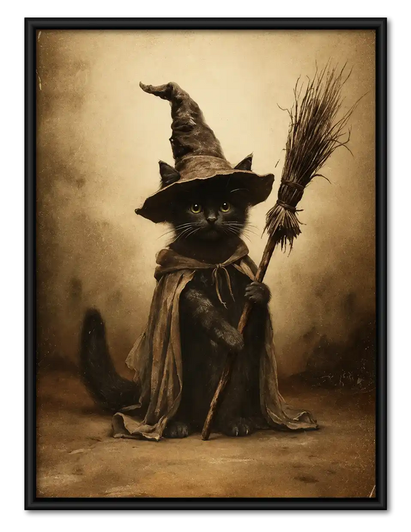 Witch Cat With Broom Wall Art