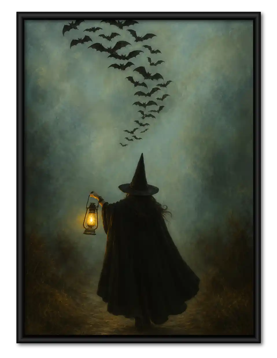Witch With Lantern Beneath Bats Wall Art 1