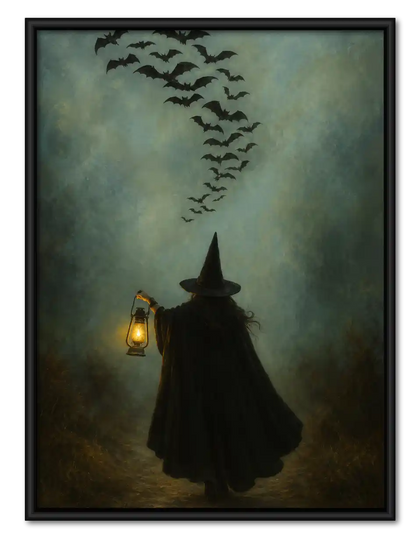 Witch With Lantern Beneath Bats Wall Art