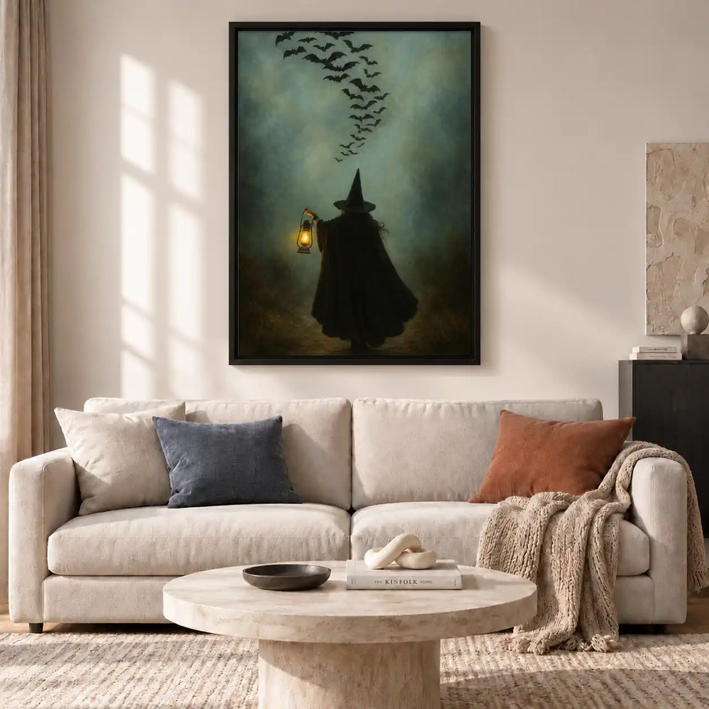 Witch With Lantern Beneath Bats Wall Art 2