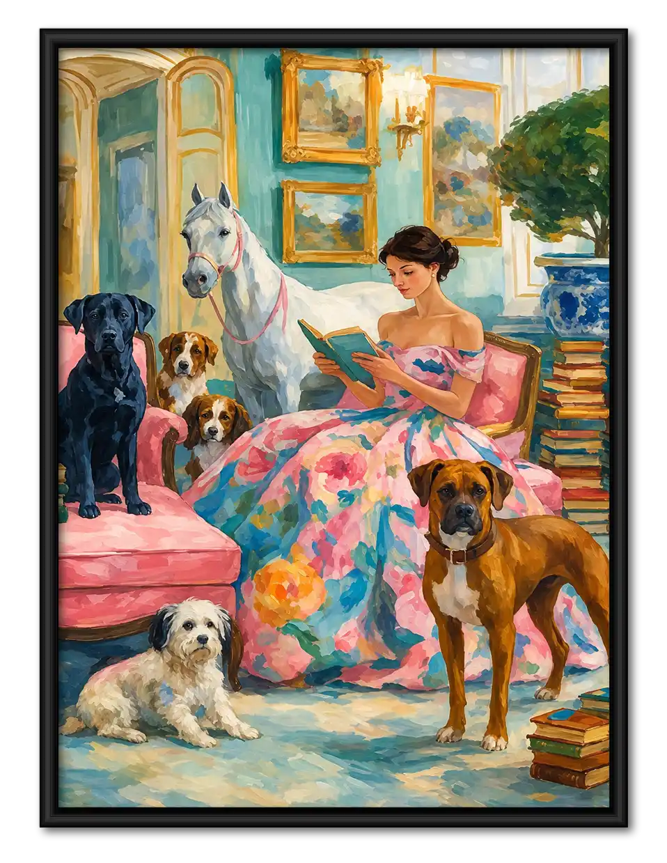 Woman Reading With Dogs Wall Art 1