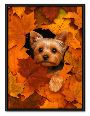 Yorkie Buried In Autumn Leaves Wall Art