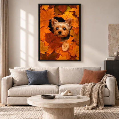 Yorkie Buried In Autumn Leaves Wall Art 2