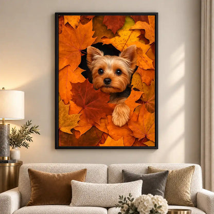 Yorkie Buried In Autumn Leaves Wall Art 5