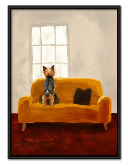Yorkie Watching From Yellow Sofa Wall Art