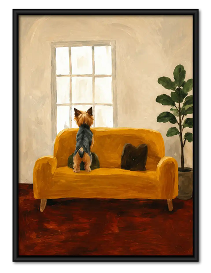 Yorkie Watching Sofa Window Wall Art