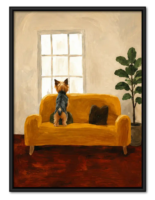 Yorkie Watching Sofa Window Wall Art