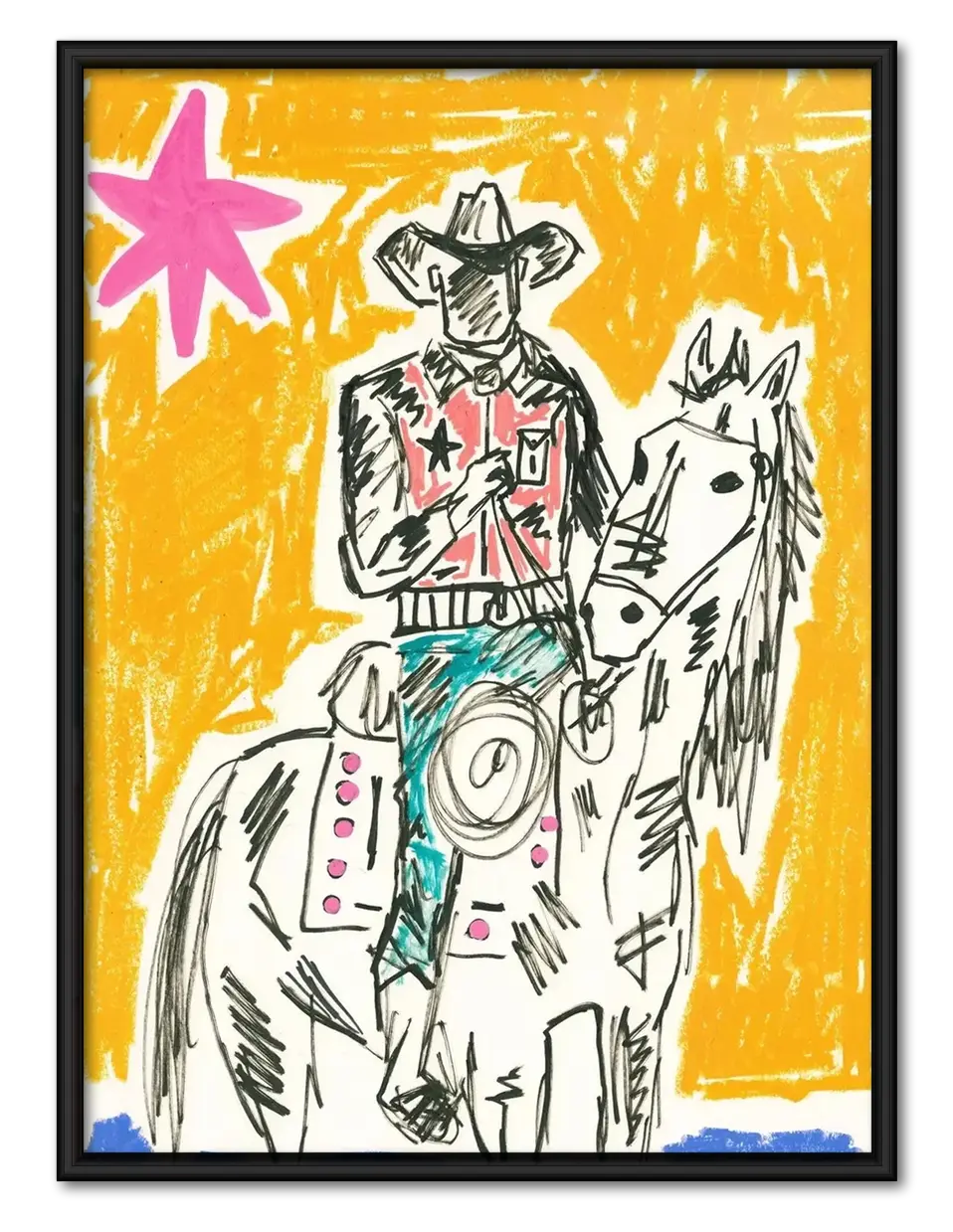 Cowboy Horse Sketch Yellow Wall Art 1