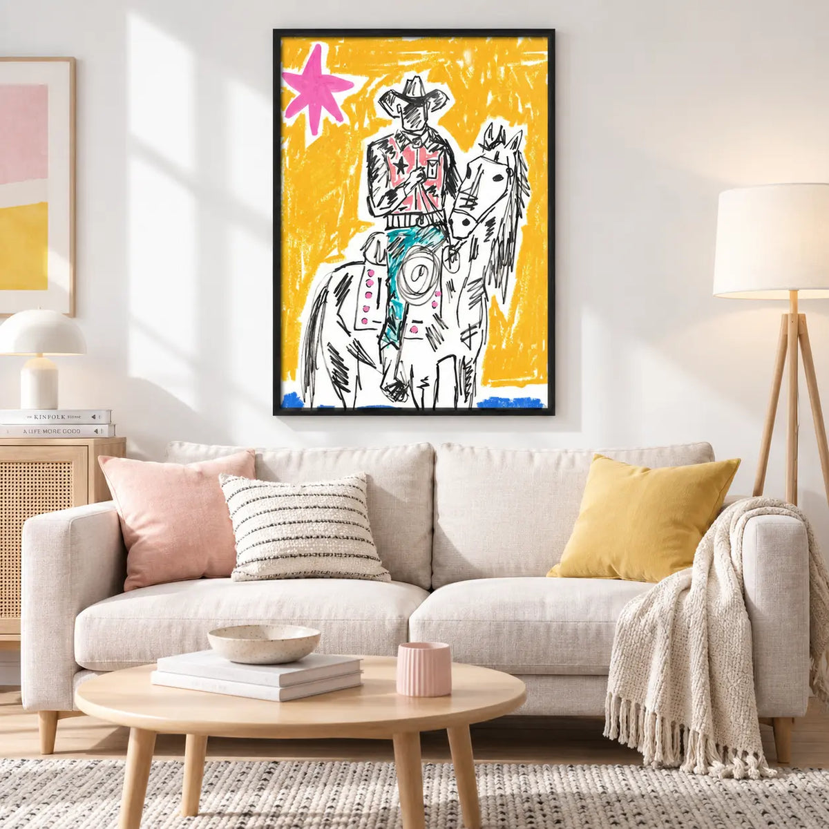 Cowboy Horse Sketch Yellow Wall Art 2