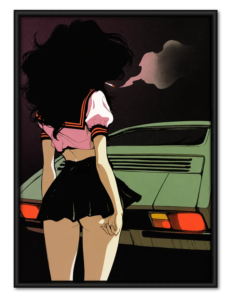 Retro Girl and Green Car Illustration Wall Art 1