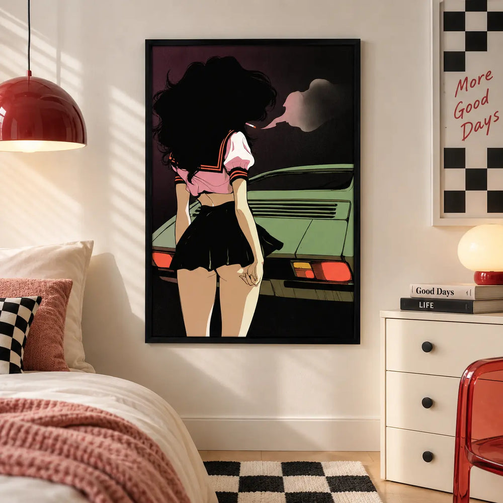 Retro Girl and Green Car Illustration Wall Art 2