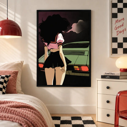 Retro Girl and Green Car Illustration Wall Art 2