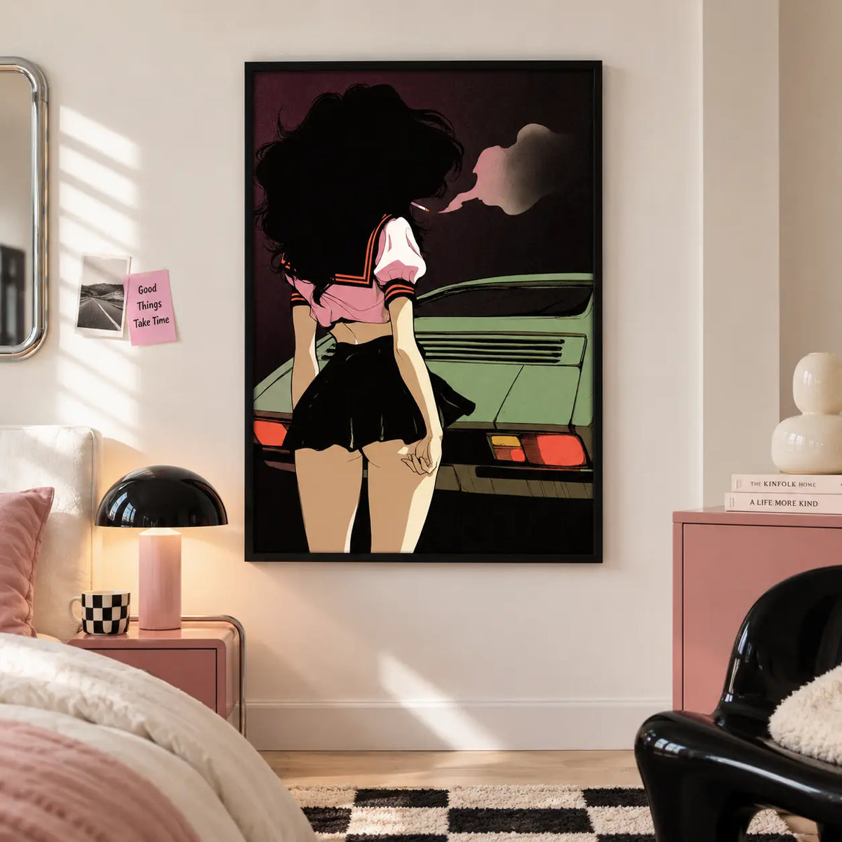 Retro Girl and Green Car Illustration Wall Art 3